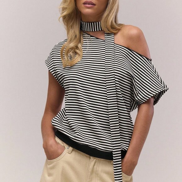 Casual Women's Asymmetrical Neck Slouch Stripe Scarf Detail blouse - Picture 1 of 5